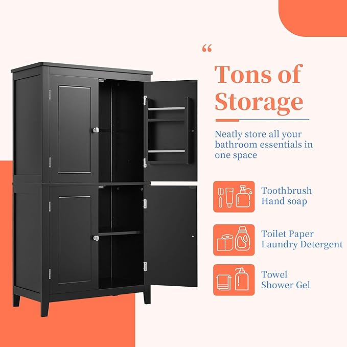 Black Bathroom Storage Cabinet Freestanding Design with 4 Doors Adjustable Shelves Waterproof MDF Board for Home Organization Bathroom Office Use