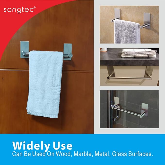 Adhesive Towel Bar 9-inch, Stick On Bath Towel Rack, Hand Towel Holders, No Drilling on Wall - Brushed Nickle