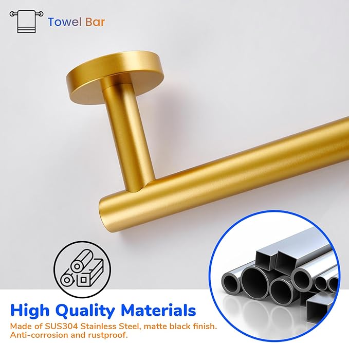 Miyili Bath Towel Bar 16-Inch SUS 304 Stainless Steel Towel Rack Hanger for Bathroom Kitchen Wall Mount Gold