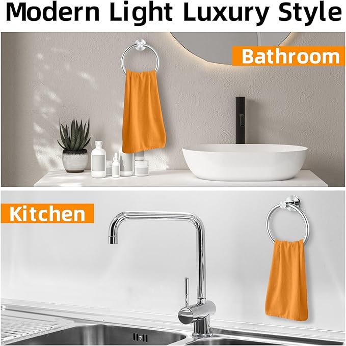 Brushed Silver Towel Ring 2Pack, SUS304 Stainless Steel Hand Towel Holder for Bathroom Kitchen, Modern Style Towel Hanger, Thicken Ring Towel Holder, Towel Rack Round Wall Mounted (2, Brushed Silver)