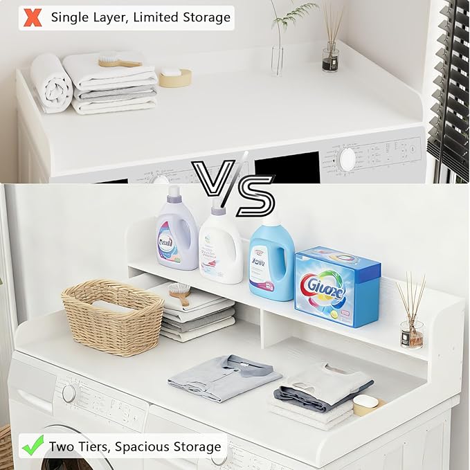 Fabuday 2-Tier Wood Washer Dryer Countertop with Shelf - Two Layers Laundry Topper for Storage & Organization, 54''x27.5''x11.9'' Counter Table with Edge Over Washing & Dryer, Crisp White
