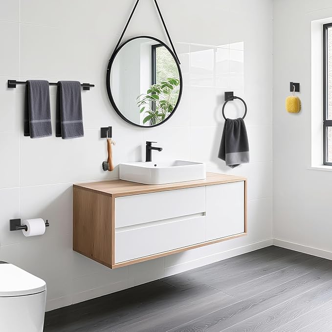 TURS 5-Pieces Matte Black Bathroom Hardware Set 23.6 Inch SUS304 Stainless Steel Towel Bar Set Wall Mounted Bathroom Accessories Set