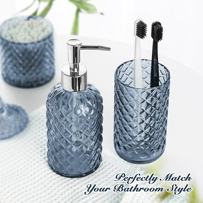 RYTOXILO Blue Bathroom Accessories Set, 4 Pack Light Blue Bathroom Decor Accessory Sets Complete, Diamond Glass Soap Dispenser and Toothbrush Holder Set for Bath Counter Organizer Essentials