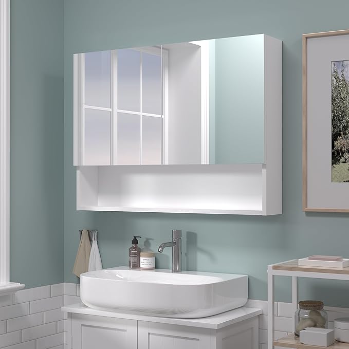 Bathroom Cabinet with Mirror, Wall Cabinet with 2 Mirrored Doors, Adjustable Shelf, Open Compartment, Wall-Mounted, 24x32 Inches, White (Assembly Required)