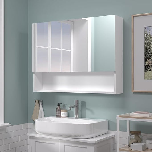 Bathroom Cabinet with Mirror, Wall Cabinet with 2 Mirrored Doors, Adjustable Shelf, Open Compartment, Wall-Mounted, 24x32 Inches, White (Assembly Required)