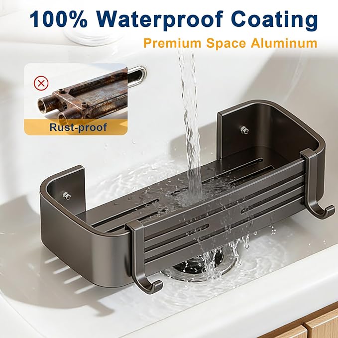 Shower Caddy, Adhesive Bathroom Shower Corner Organizer Shelves with Hooks, No Drilling Shower Shelves Organizer for Bathroom Kitchen 2 Pack