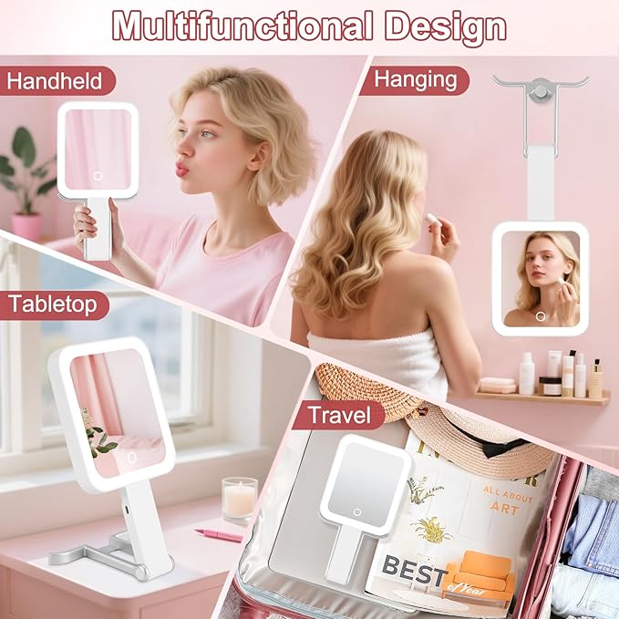 DECLUTTR Travel Makeup Mirror with Lights, Rechargeable 15X/1X Double-Sided Magnifying Mirror with 3 Color Lights, Brightness Adjustable, Portable Handheld Mirror Tabletop, Gift for Women