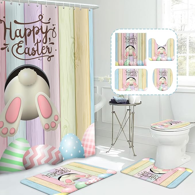 MEHOFOND 4pcs Easter Shower Curtain Sets with Non-Slip Rugs Toilet Lid Cover and Bath Mat Bunny Easter Bathroom Curtain Decor Set with 12 Hooks Waterproof Shower Curtain Set for Bathroom