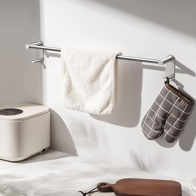 24 Inch Adhesive Towel Bar - Stainless Steel Stick on Towel Rack for Bathroom, No Drilling Towel Holder with 2 Hooks, Brushed Nickel