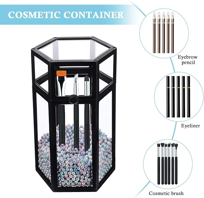 FRCOLOR Glass Makeup Brush Holder with Lid, Vintage Makeup Brush Organizer Storage Box with Colorful Pearls for Vanity Dresser (Black)
