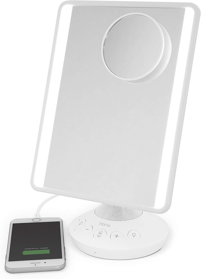 iHome 7" x 9" Reflect iCVBT22W Adjustable Vanity Mirror with Bonus 10X Mirror, Bluetooth Audio, Hands-Free Speakerphone, LED Lighting, Siri & Google Support USB Charging, (White, 7" x 9")