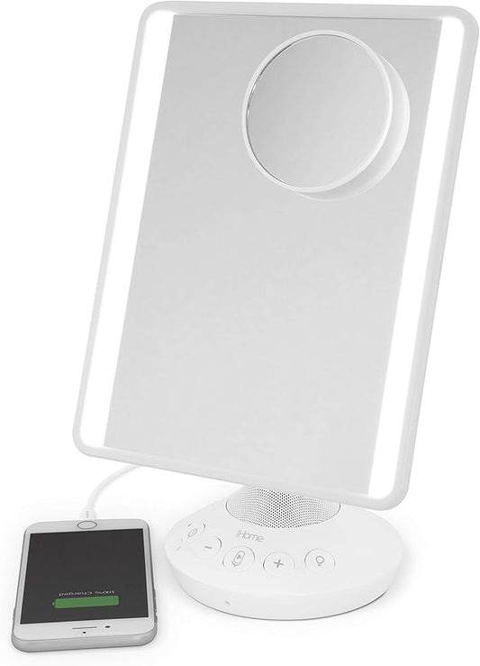 iHome 7" x 9" Reflect iCVBT22W Adjustable Vanity Mirror with Bonus 10X Mirror, Bluetooth Audio, Hands-Free Speakerphone, LED Lighting, Siri & Google Support USB Charging, (White, 7" x 9")