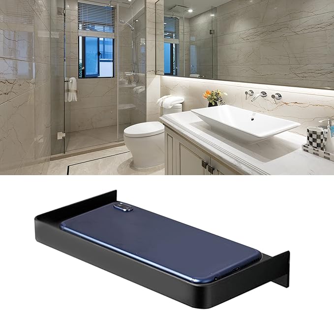 Bathroom Cell Phone Shelf, Wall Mounted Thick Phone Storage Shelf, Toilet Phone Holder Accessory for Toilet (Black)