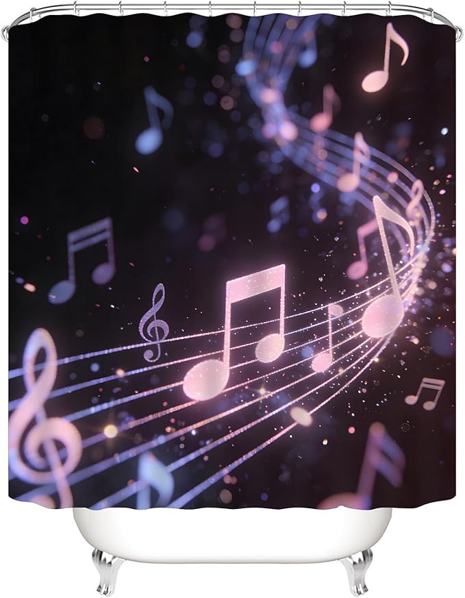 AZHM Glitter Music Note Shower Curtain Set 4 PCS Modern Black Purple Bathroom Decor Set with Non-Slip Bath Rugs, Toilet Lid Cover & U-Shaped Mat