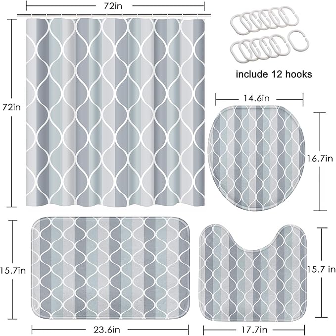Geometric Grey Shower Curtain Set with Toilet Lid Cover and Non-Slip Rugs, Abstract 4 Pcs Shower Curtain for Bathroom, Modern Simple Bathroom Decor