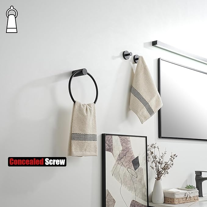 JQK Black Towel Ring, 304 Stainless Steel Matte Black Hand Towel Holder for Bathroom, Wall Mount, TR630-PB