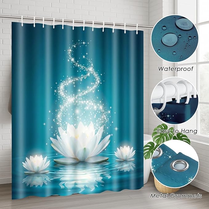 Britimes 4 Piece Shower Curtain Sets, with 12 Hooks, Magic Lotus Flower Turquoise Zen with Non-Slip Rugs, Toilet Lid Cover and Bath Mat, for Bathroom Decor Set, 72" x 72"