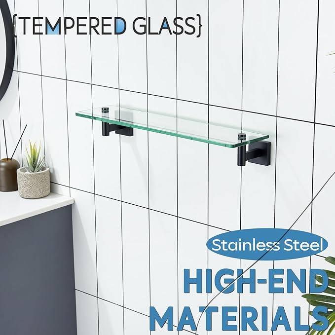 KOKOSIRI 20-Inch Bathroom Shelves Glass Floating Shelf Toilet Roll Holder Toilet Paper Holder Stainless Steel Matte Black B1105BK-L20+B2008BK