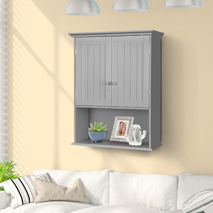 COSTWAY Wall Mounted Bathroom Cabinet, Over the Toilet Storage Cabinet w/Double Doors & Adjustable Shelf, Wood Hanging Medicine Cabinet for Living Room, Entryway, Kitchen (Gray)
