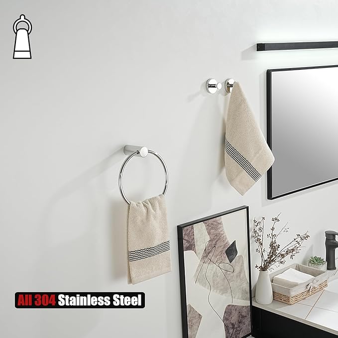 JQK Chrome Towel Ring, 304 Stainless Steel Hand Towel Holder for Bathroom, Polished Finish Wall Mount, TR630-CH