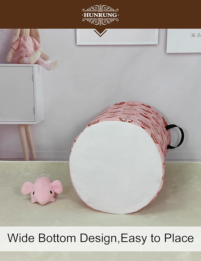 HUNRUNG Laundry Hamper,Large Canvas Fabric Lightweight Storage Basket Toy Organizer Dirty Clothes Collapsible Waterproof for College Dorms???Round-Pink Love Heart???