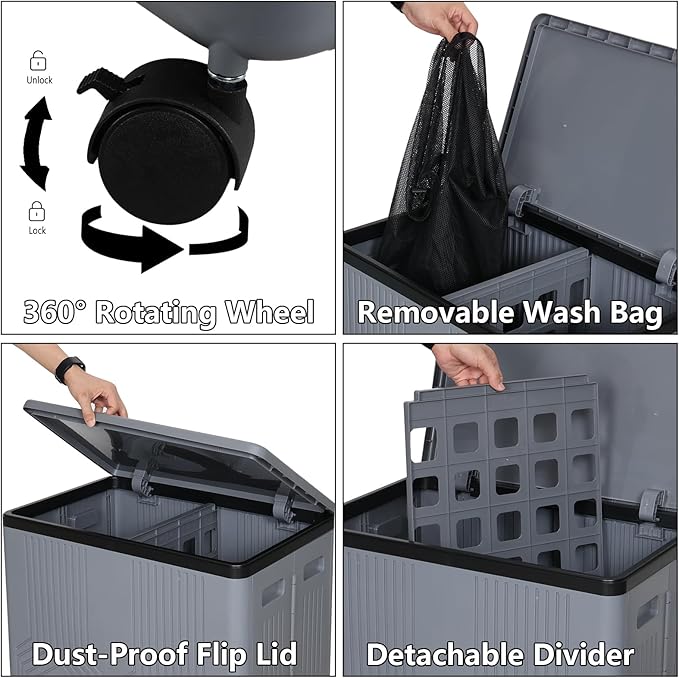 Morcte 120 L Double Laundry Hamper with Lid and Wheels, Collapsible 2 Section Plastic Laundry Hamper, Gray