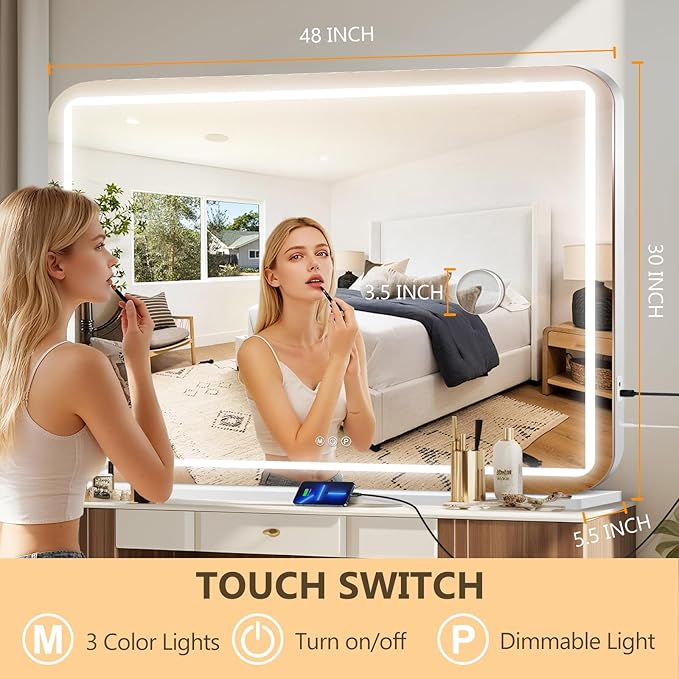 Ratsamee 48" x 30" Vanity Mirror with Lights, Led Makeup Mirror, Lighted Makeup Mirror with 3 Color Dimmable Lights, Smart Touch Screen Control, Aluminum Metal Frame,USB Charging Port