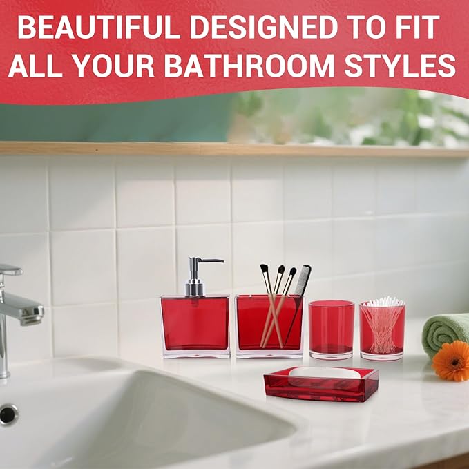 5-Piece Bold Red Acrylic Bathroom Accessories Set — Soap Dispenser, Toothbrush Holder, Soap Dish & 2 Mouthwash Cups, His and Hers Countertop Organizer for Red Bathroom Decor