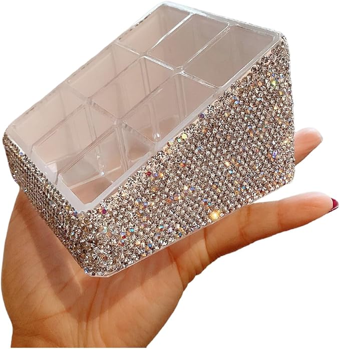 Bling Rhinestone 9-Compartment Lipstick Display Stand ?€? Elegant Desktop Lipsticks Organizer Box Holder for Lipsticks Lip Gloss (Silver)