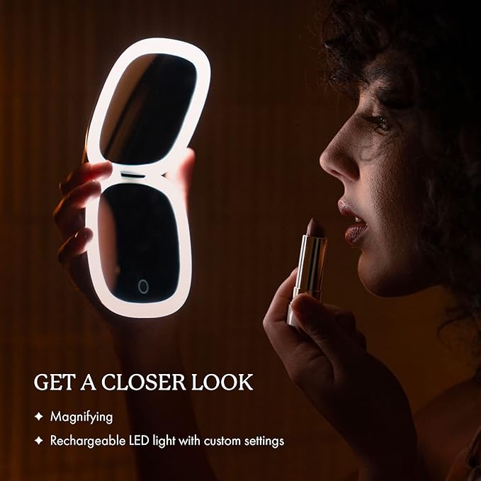 Vanity Planet Pocket Makeup Mirror with Lights & Magnification, Moda - Mini Light-Up Compact & Travel Makeup Mirror - Portable, Adjustable & Rechargeable LED Magnifying Mirror for On-The-Go - Black