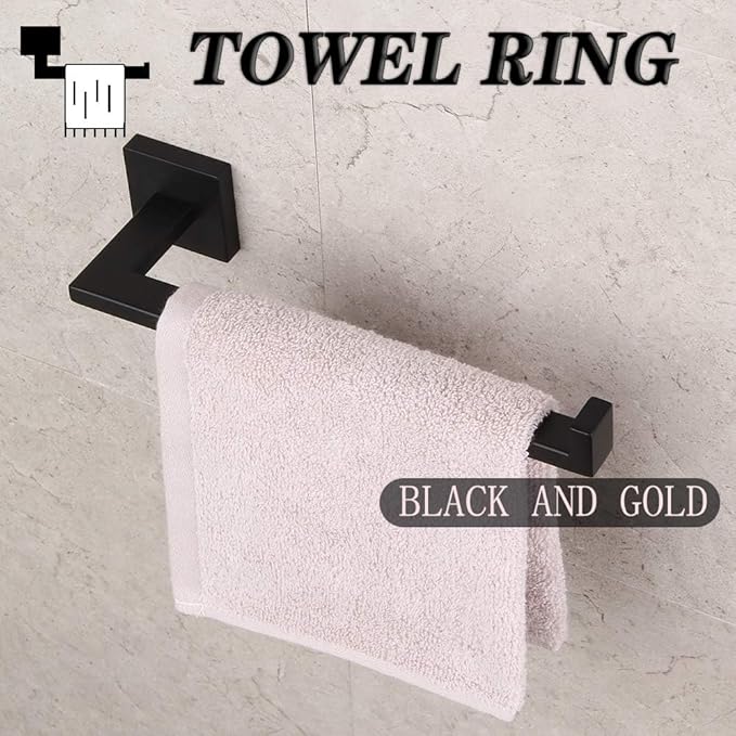 GERZWY Modern Black Towel Holder SUS304 Stainless Steel Towel Hanger Towel Ring for Bathroom Lavatory Wall Mount Contemporary Style IG1806-BK