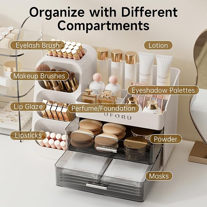 Makeup Organizer for Vanity with Brush Holder, Countertop Skincare Organizer with 2 Drawers, Spacious Cosmetic Display Case for Perfumes, Eyeshadow Palettes, Nail Polishes