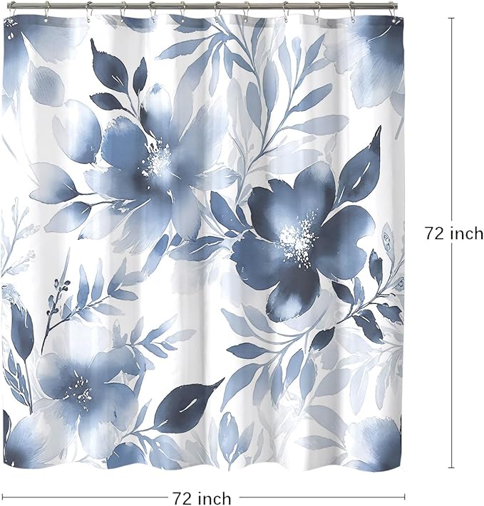 Floral Shower Curtain, Blue Watercolor Flower Shower Curtains for Bathroom, Modern Minimalist Waterproof Fabric Bath Curtain 72x72 Inch