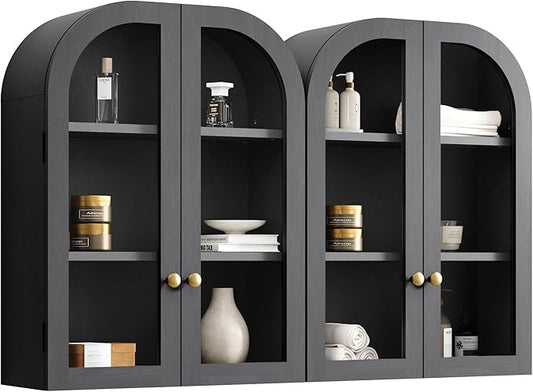 Fatmok Arched Bathroom Wall Cabinet Set of 2, Over-The-Toilet Storage Cabinet with Glass Doors & Adjustable Shelf, Wood Floating Medicine Cabinet for Bathroom, Laundry, Kitchen(Black)