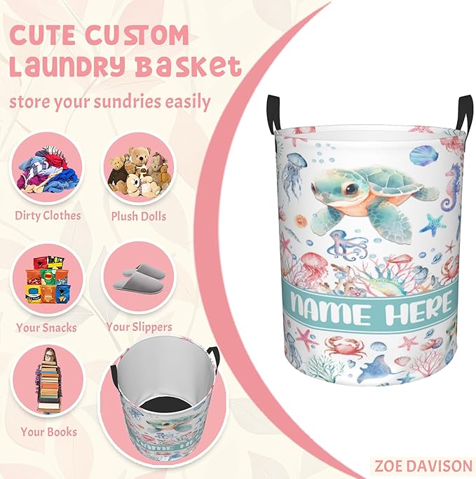 Custom Turtle Laundry Baskets, Personalized Turtle Gifts with Customized Name, Collapsible Laundry Hamper for Kids Adults Home Decoration,16.5 X 13.8in