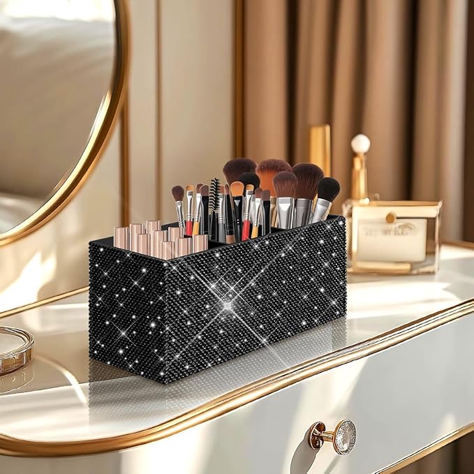 Bling Makeup Brush Holder Organizer, 3 Slot Sparkle Cosmetics Brushes Storage Holders with Shiny Rhinestones, Glitter Cute Pen and Pencil Holder for Desk, Eyeliners Display Case for Vanity???Black???