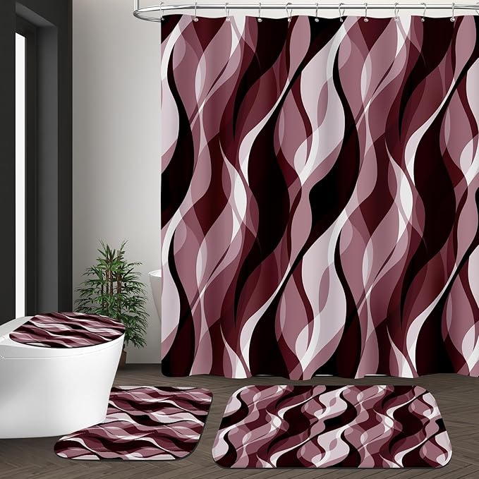 4PCS Burgundy Red Abstract Shower Curtain Sets with Rugs, Striped Bathroom Sets with Shower Curtain and Rugs, Modern Bathroom Curtains Shower Set with Toilet Lid Cover for Bathroom Decor