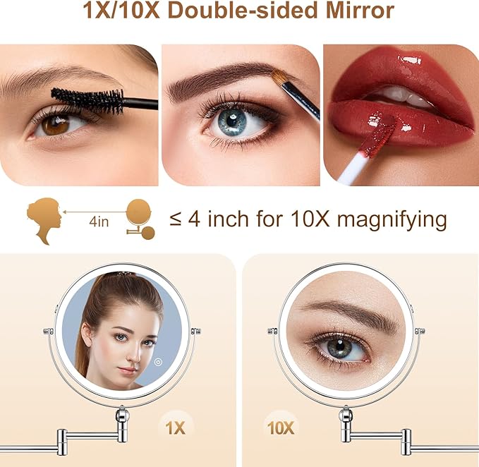 ZLOKLA 9" Wall Mounted Lighted Makeup Mirror,4000mAh Rechargeable Double Sided 1X/10X Magnifying Mirror with Light,Touch Dimmable,Extended Arm 360 Rotation Wall Mounted Makeup Mirror 3 Color Lights