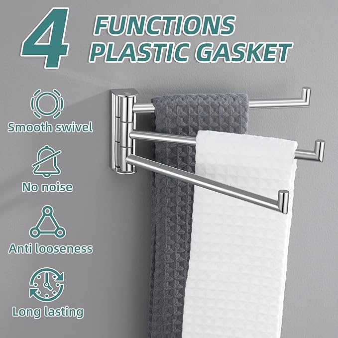 APLusee Polished Chrome Swivel Towel Bar, 304 Stainless Steel Foldable Towel Holder with 3 Arms, Wall Mounted