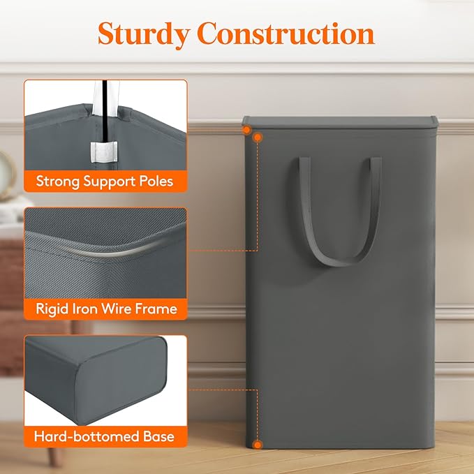 Lifewit 65L Slim Small Laundry Hamper, Laundry Basket with Lid, Dirty Collapsible Clothes Storage with Easy Carry Extended Handles, Tall Hampers for Bedroom Laundry Room, Gray, 1 Pack