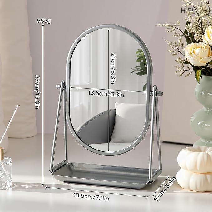 Small Vanity Makeup Mirror for Desk with Metal Stand Tabletop Makeup Oval Mirrors 360 Degree Swivel Portable Cosmetic Mirror for Travel Bedroom, Office, Dresser, Countertop