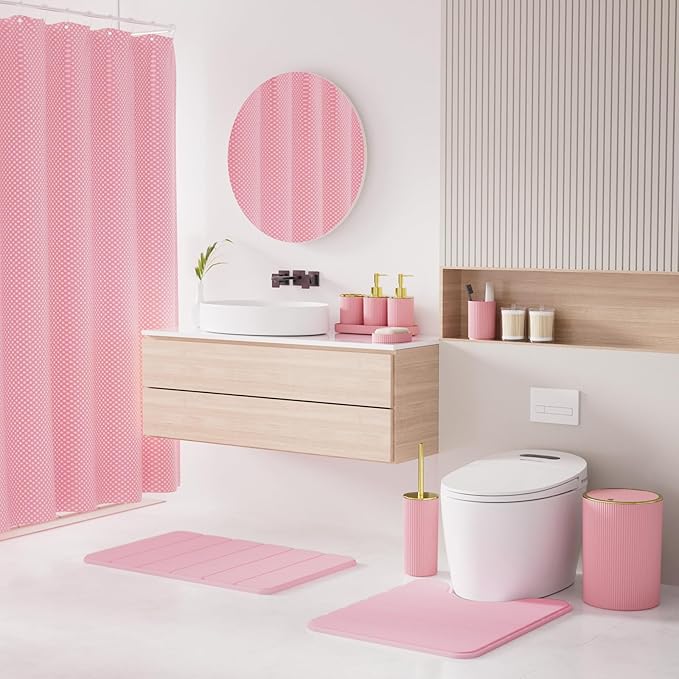 Light Pink Bathroom Accessories Set - Bathroom Sets, 25PC Bath Accessory Set, Bathroom Sets with Push Top Trash Can, Shower Curtain and Rugs, Toilet Brush, Trash Can & Soap Dispenser