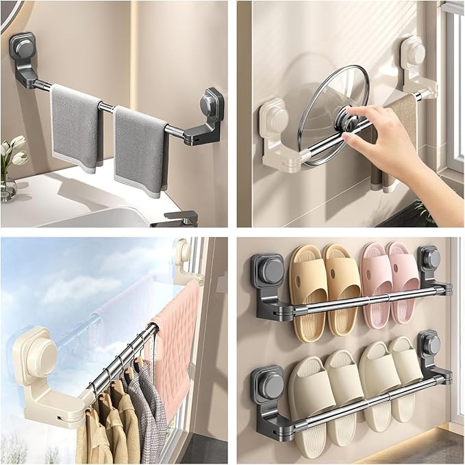 Extendable Suction Cup Towel Bar 12-24inch Removable Towels Holder for Shower Stainless Steel Single Rack No Drill Wall Mounted Clothes Hanger Rod for Bathroom Kitchen White