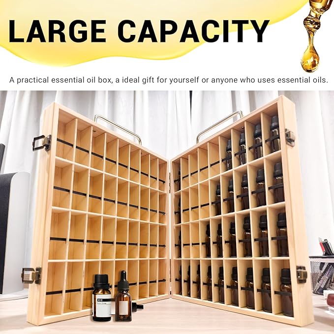 Pure Vie Wooden Essential Oil Storage Box Travel Organizer Case with Bottle Cap Label - Aromatherapy Nail Polish Fragrance Container, Holds 72 Bottle for 5-15ml - Keep Scented Oil Safe & Space Saver