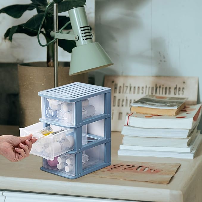 Drawer Storage Cabinet Plastic Makeup Organizer Storage Station Cube with 3 Drawers Cosmetics Jewelry Storage Case Display for Bathroom Vanity Cabinet Countertops Blue Plastic Desk Drawers