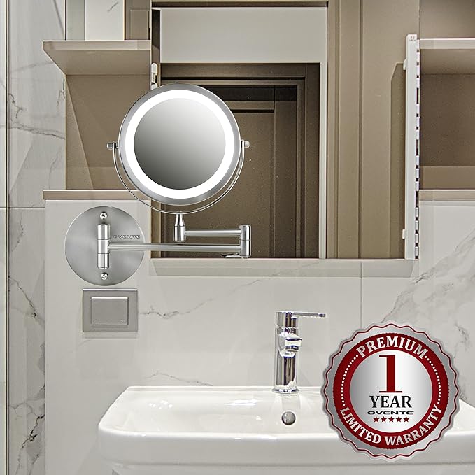 OVENTE Wall Mounted Lighted Makeup Mirror, 7" Double Sided 1X/7X Magnifying Vanity Mirror for Bathroom with LED Lights, Cordless, 360° Rotation and 13" Extendable Arm, Nickel Brushed MFW70BR1X7X
