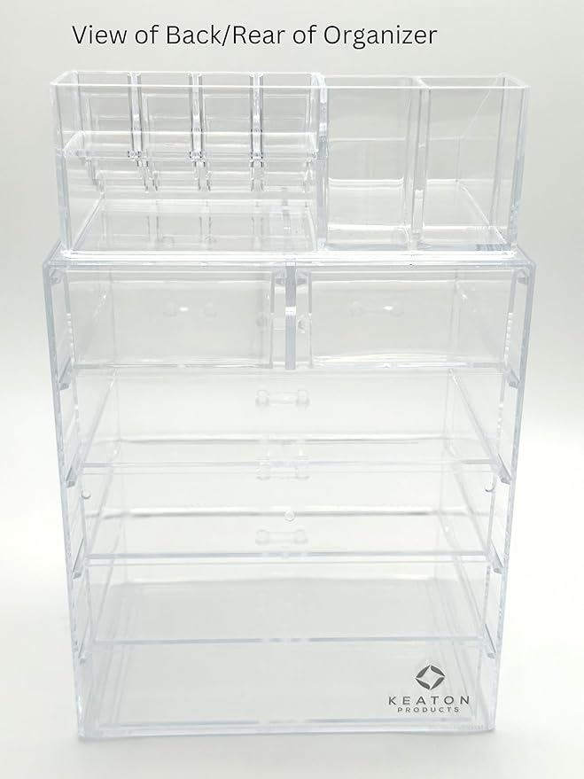 Acrylic Makeup and Jewelry Organizer. Multilevel with Drawers and Removable Topper.