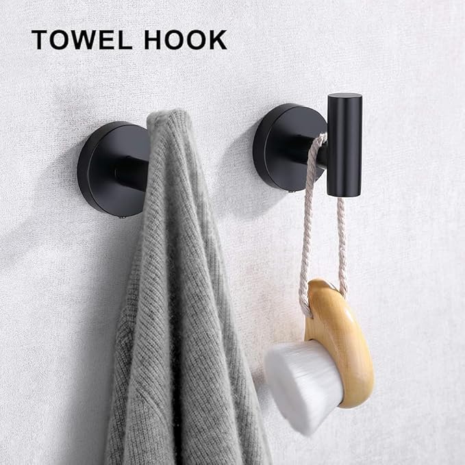 MGahyi 5 Pieces Bathroom Accessories Set, Stainless Bathroom Hardware Set, Extendable Towel Racks for Bathroom(12.8-24.8inch), Robe Towel Hooks Toilet Paper Holder Towel Ring (Black)