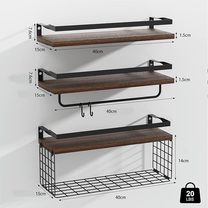 Generic Wooden Floating Shelves for Bathroom Organizer Over Toilet Wall Shelf Bathroom Organizer with Metal Frame Bathroom Shelf with Basket Storage Rack (Heavy Burning Color)
