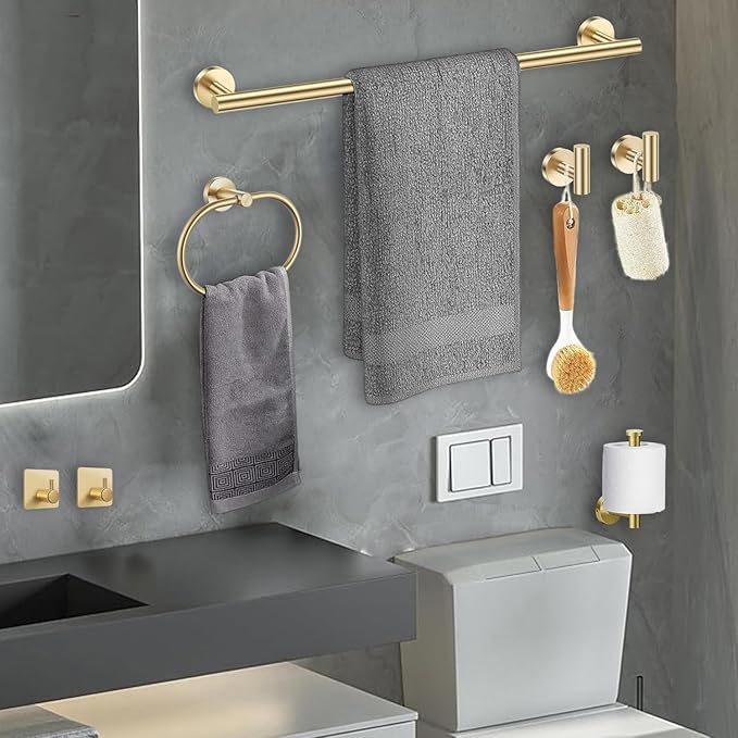 Brushed Gold Bathroom Accessories Set, 7 Pieces Gold Towel Bar Bathroom Hardware Set, 24 Inch Towel Racks for Bathroom, SUS304 Stainless Steel Bathroom Towel Holder Toilet Paper Holder Wall Mounted